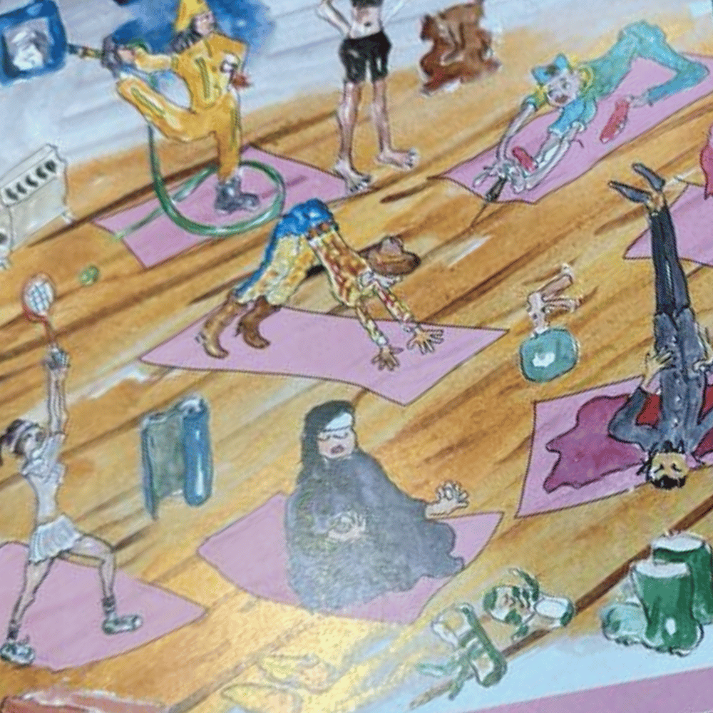 Astanga Yoga Here 2024 annual calendar with fun pics of people doing yoga